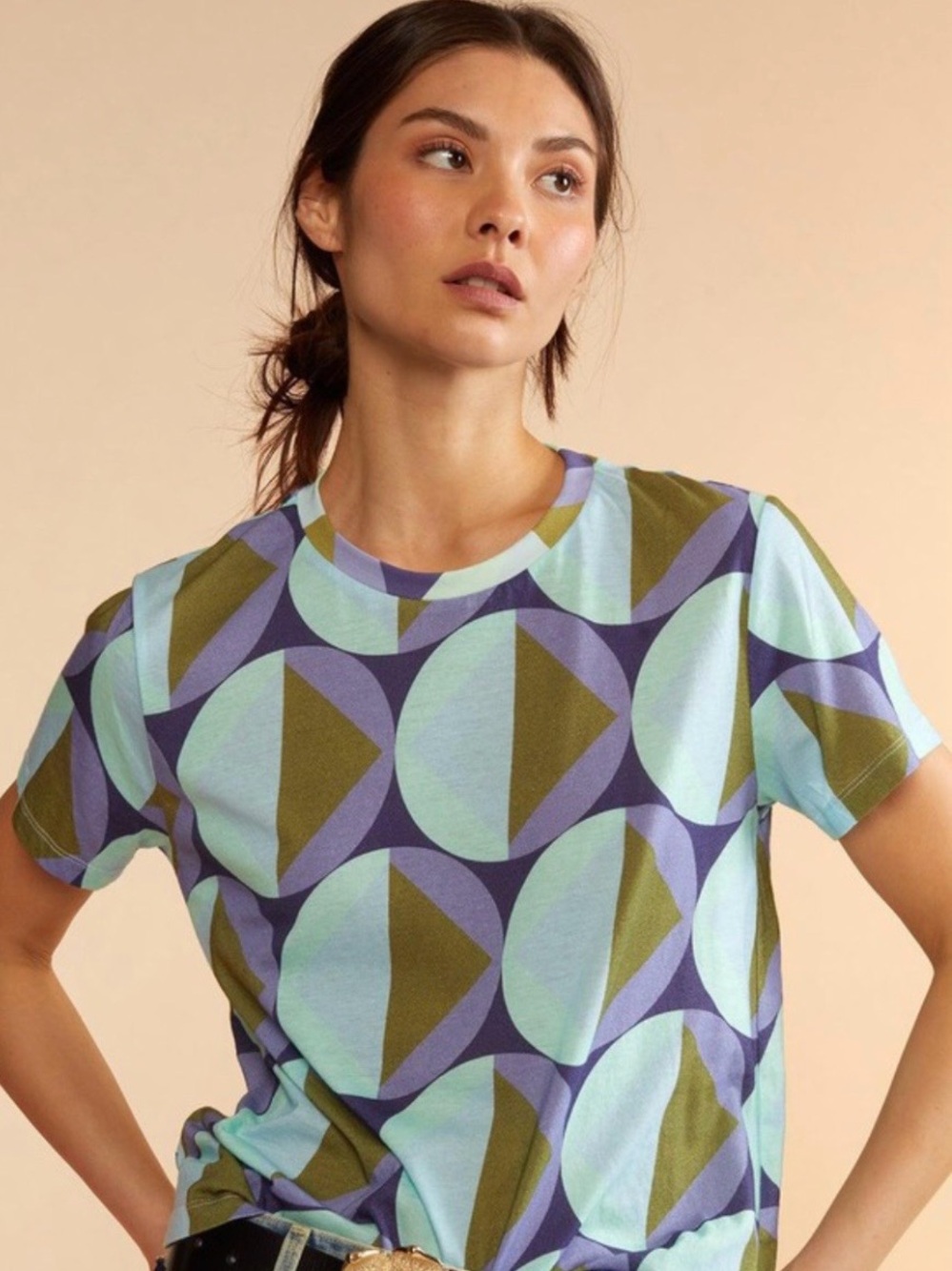 Cynthia Rowley Geo Circle Short Sleeve Tee in Light Blue, Purple and Olive